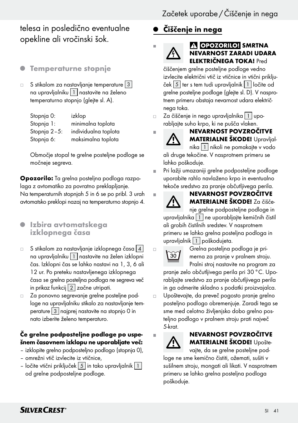 Začetek uporabe / čiščenje in nega, Temperaturne stopnje, Izbira avtomatskega izklopnega časa | Čiščenje in nega | Silvercrest SWUB 85 B2 User Manual | Page 41 / 73