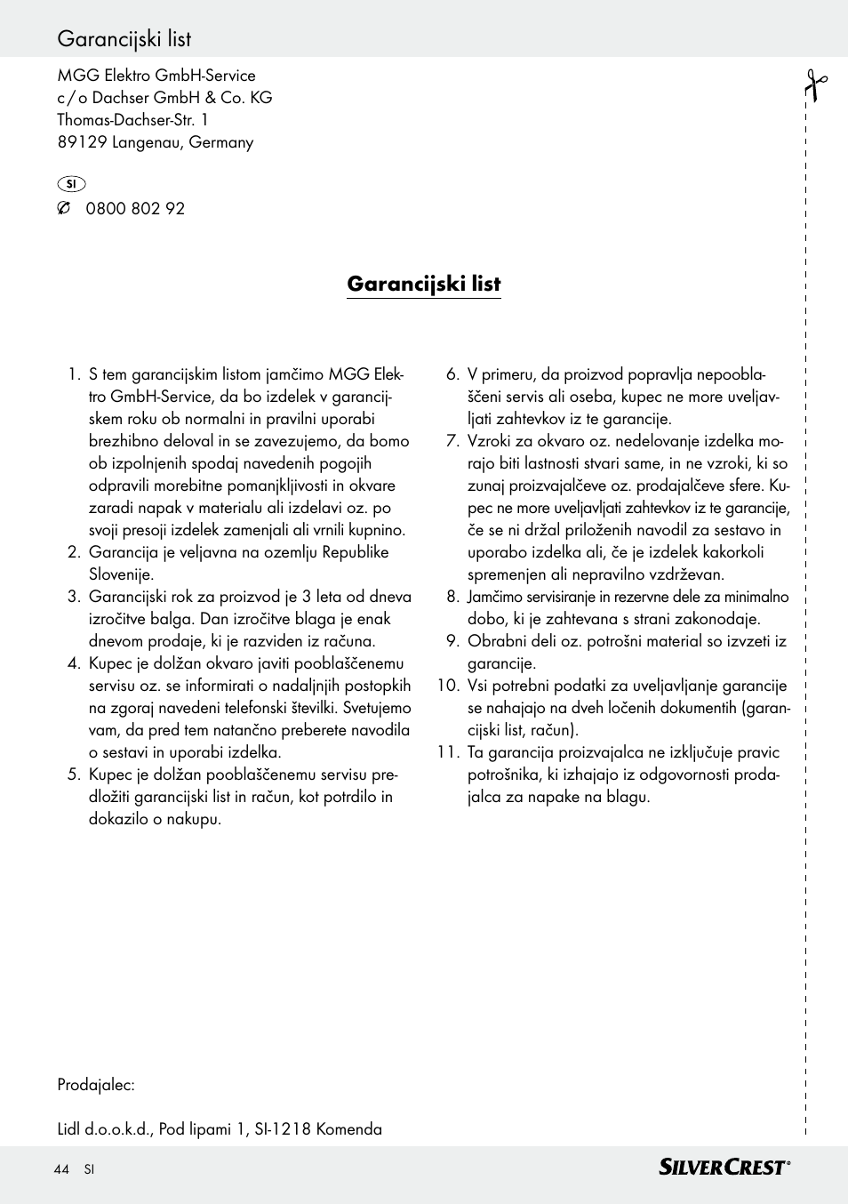 Garancijski list | Silvercrest SWUB 85 B2 User Manual | Page 44 / 73