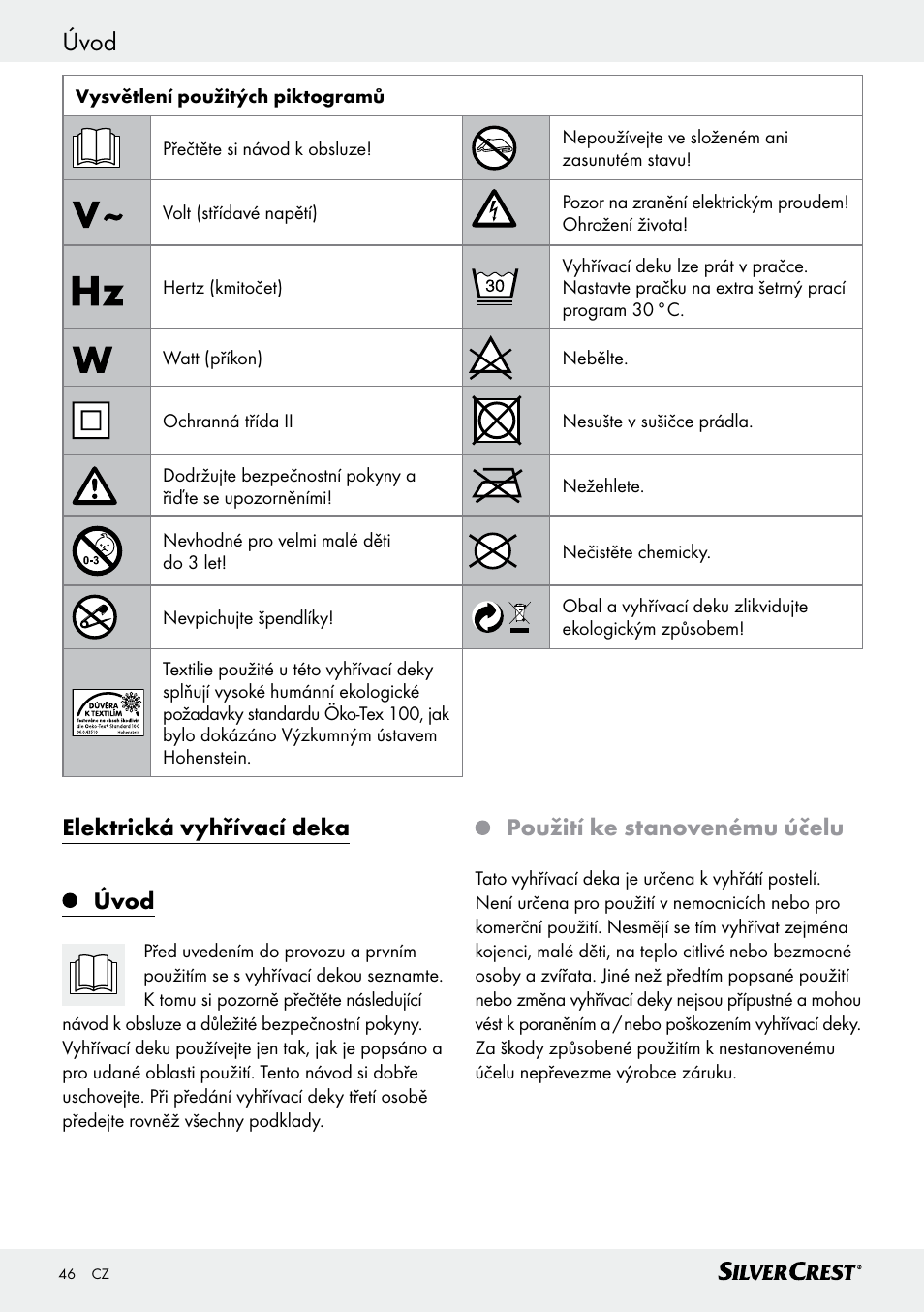 Úvod, Elektrická vyhřívací deka úvod, Použití ke stanovenému účelu | Silvercrest SWUB 85 B2 User Manual | Page 46 / 73