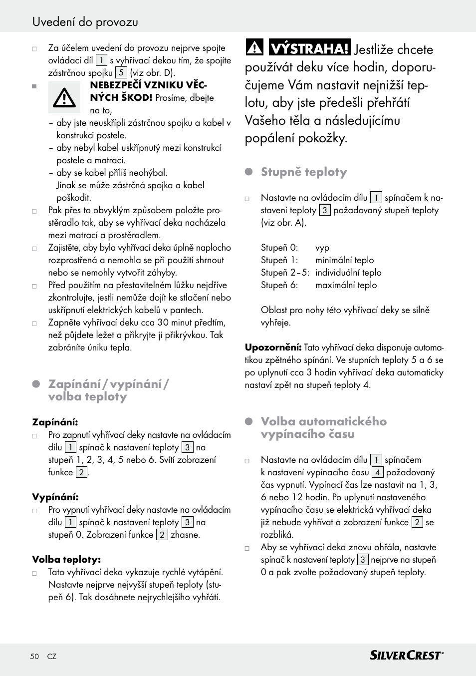Uvedení do provozu, Zapínání / vypínání / volba teploty, Stupně teploty | Volba automatického vypínacího času | Silvercrest SWUB 85 B2 User Manual | Page 50 / 73