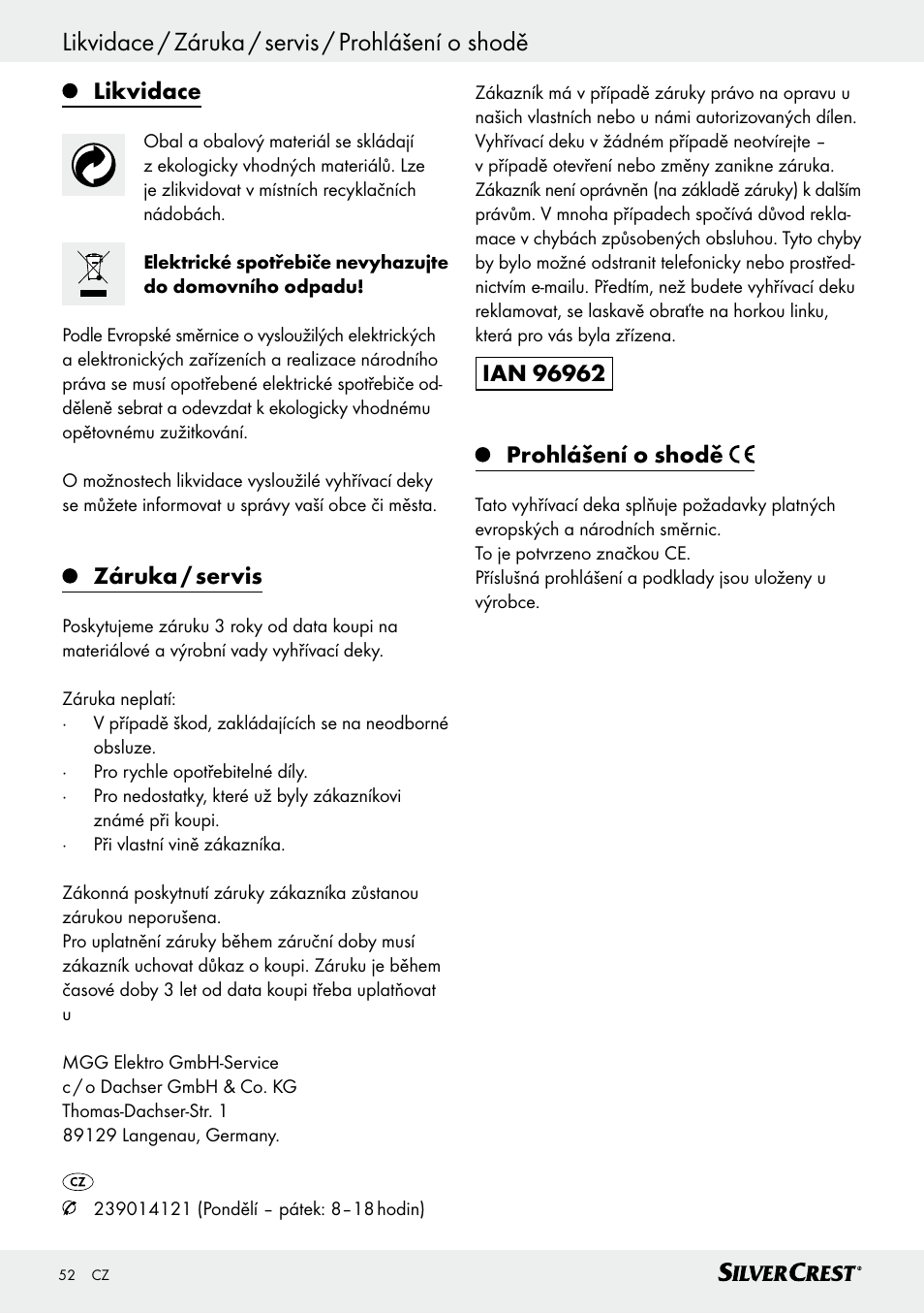 Likvidace / záruka / servis / prohlášení o shodě, Likvidace, Záruka / servis | Silvercrest SWUB 85 B2 User Manual | Page 52 / 73