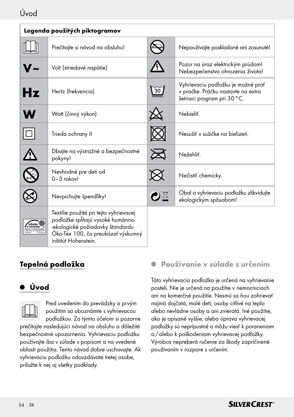 Úvod, Tepelná podložka úvod, Používanie v súlade s určením | Silvercrest SWUB 85 B2 User Manual | Page 54 / 73