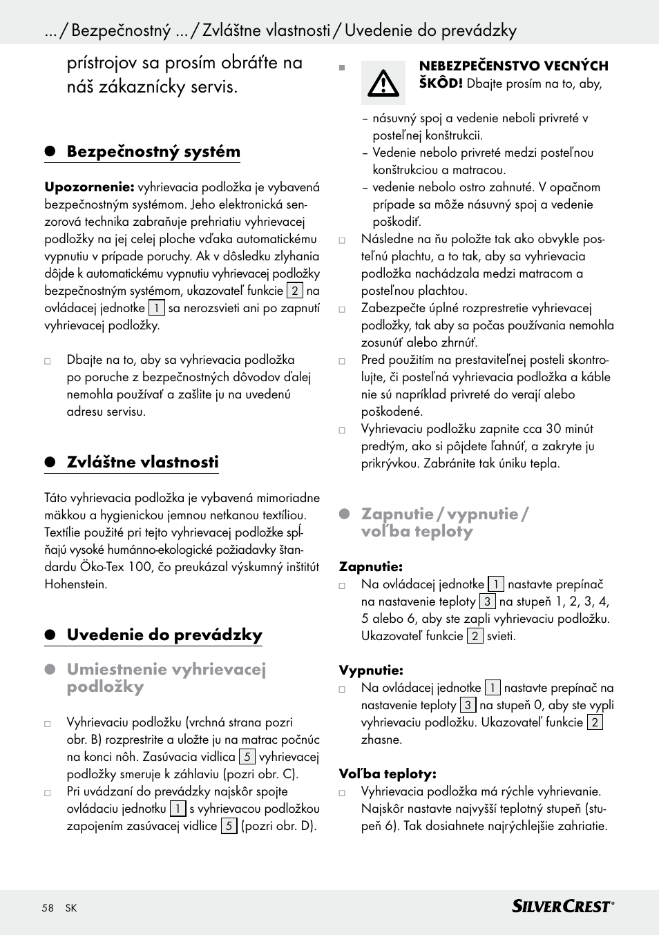 Bezpečnostný systém, Zvláštne vlastnosti, Zapnutie / vypnutie / voľba teploty | Silvercrest SWUB 85 B2 User Manual | Page 58 / 73