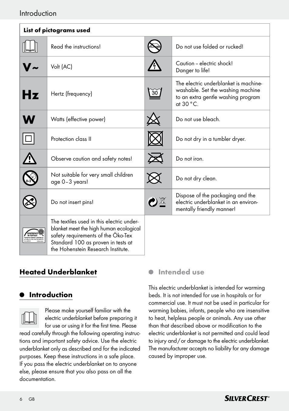 Introduction, Heated underblanket introduction, Intended use | Silvercrest SWUB 85 B2 User Manual | Page 6 / 73