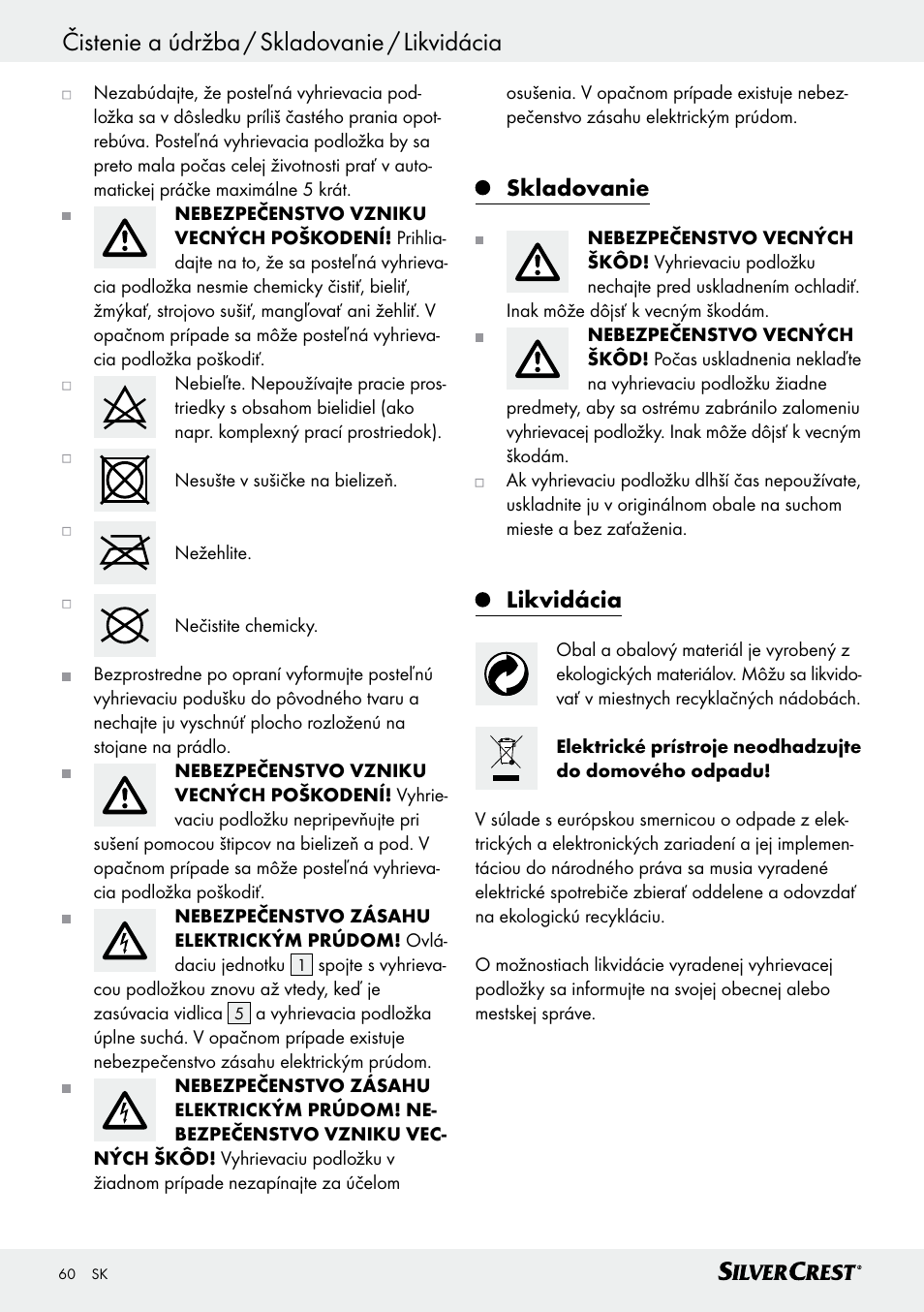 Čistenie a údržba / skladovanie / likvidácia, Skladovanie, Likvidácia | Silvercrest SWUB 85 B2 User Manual | Page 60 / 73