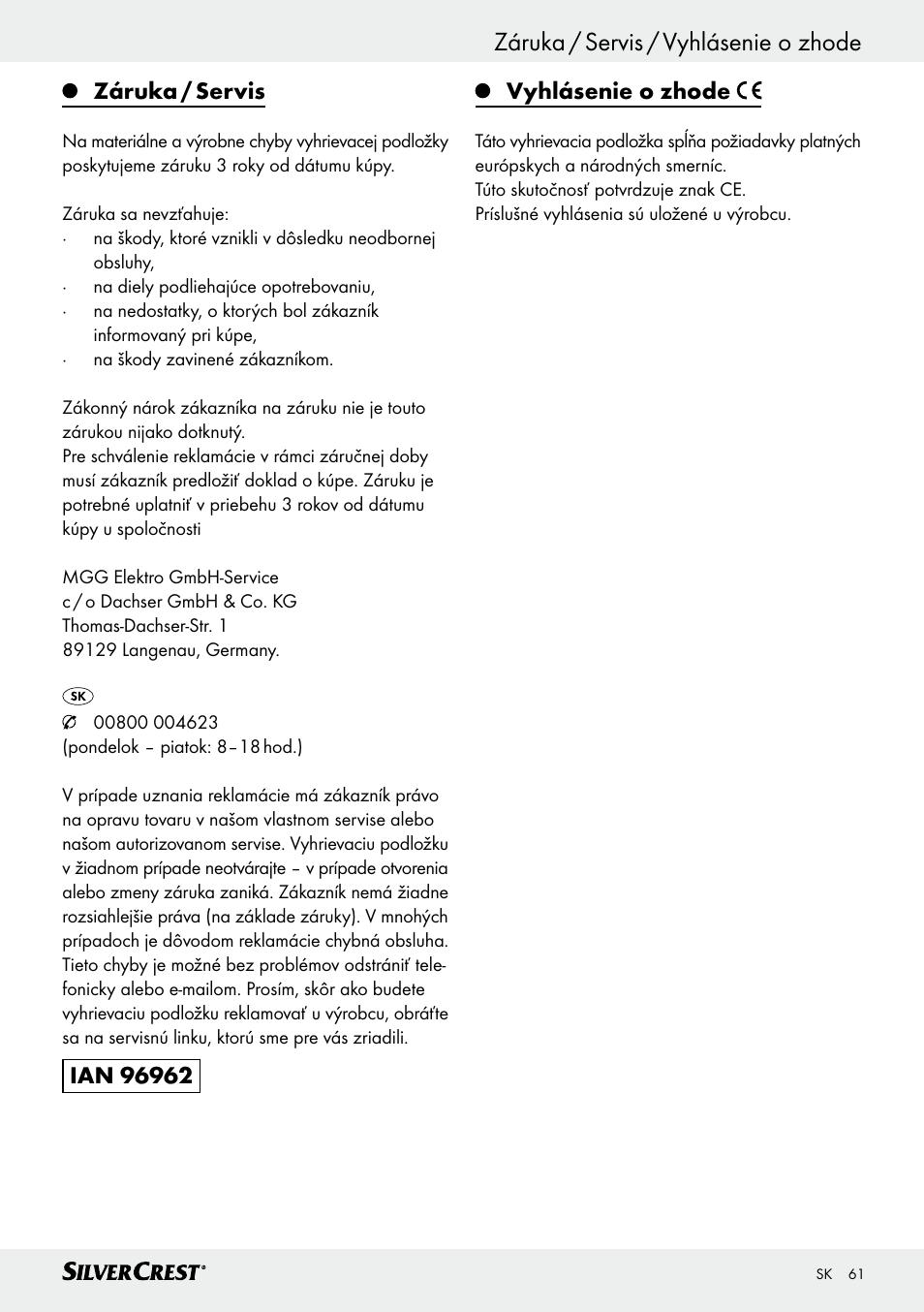 Záruka / servis / vyhlásenie o zhode, Záruka / servis | Silvercrest SWUB 85 B2 User Manual | Page 61 / 73