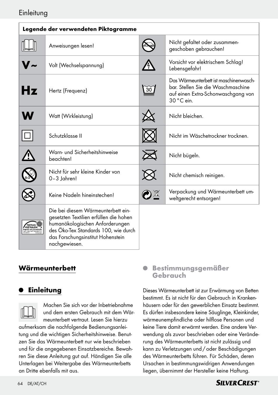 Einleitung, Wärmeunterbett einleitung, Bestimmungsgemäßer gebrauch | Silvercrest SWUB 85 B2 User Manual | Page 64 / 73