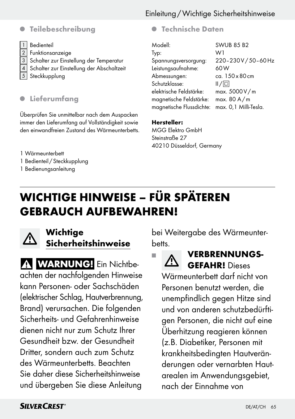 Einleitung / wichtige sicherheitshinweise | Silvercrest SWUB 85 B2 User Manual | Page 65 / 73