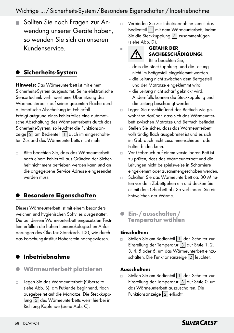 Sicherheits-system, Besondere eigenschaften, Inbetriebnahme wärmeunterbett platzieren | Ein- / ausschalten / temperatur wählen | Silvercrest SWUB 85 B2 User Manual | Page 68 / 73