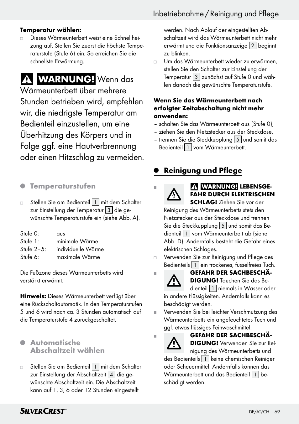 Inbetriebnahme / reinigung und pflege, Temperaturstufen, Automatische abschaltzeit wählen | Reinigung und pflege | Silvercrest SWUB 85 B2 User Manual | Page 69 / 73
