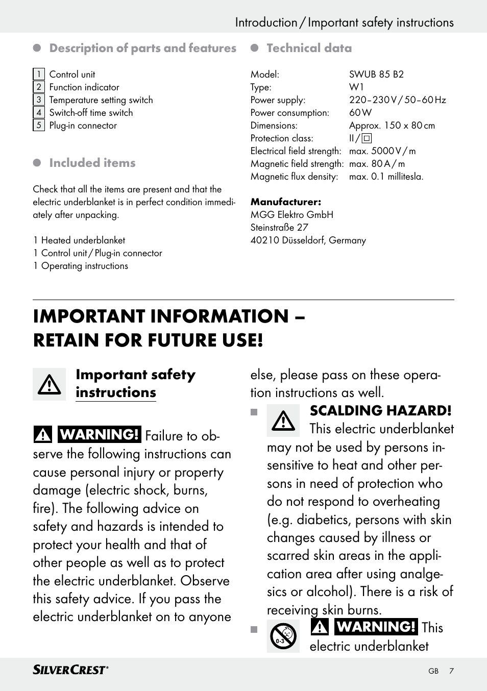 Important information – retain for future use, Introduction / important safety instructions | Silvercrest SWUB 85 B2 User Manual | Page 7 / 73
