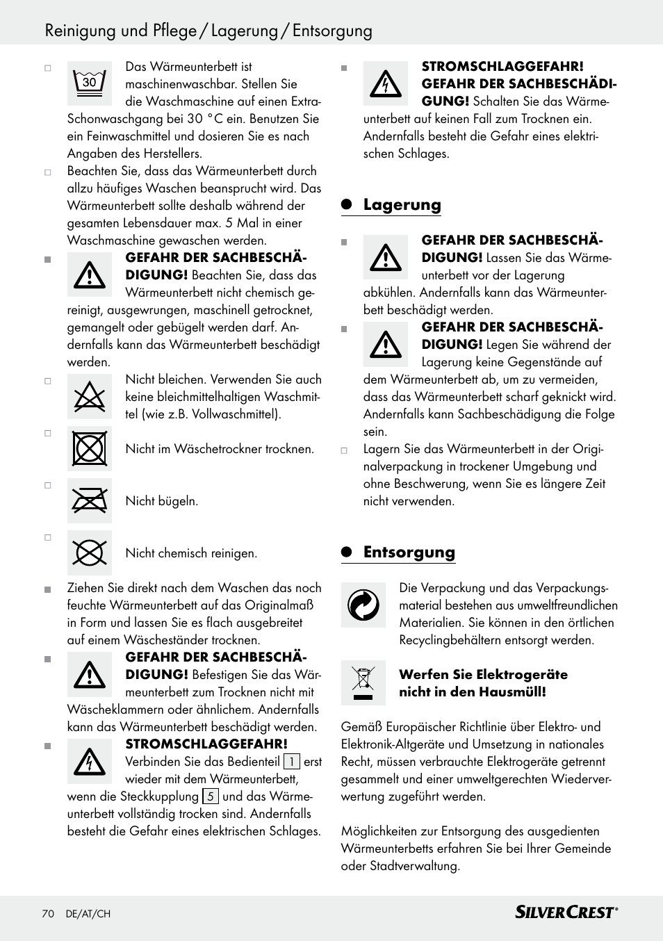 Reinigung und pflege / lagerung / entsorgung, Lagerung, Entsorgung | Silvercrest SWUB 85 B2 User Manual | Page 70 / 73