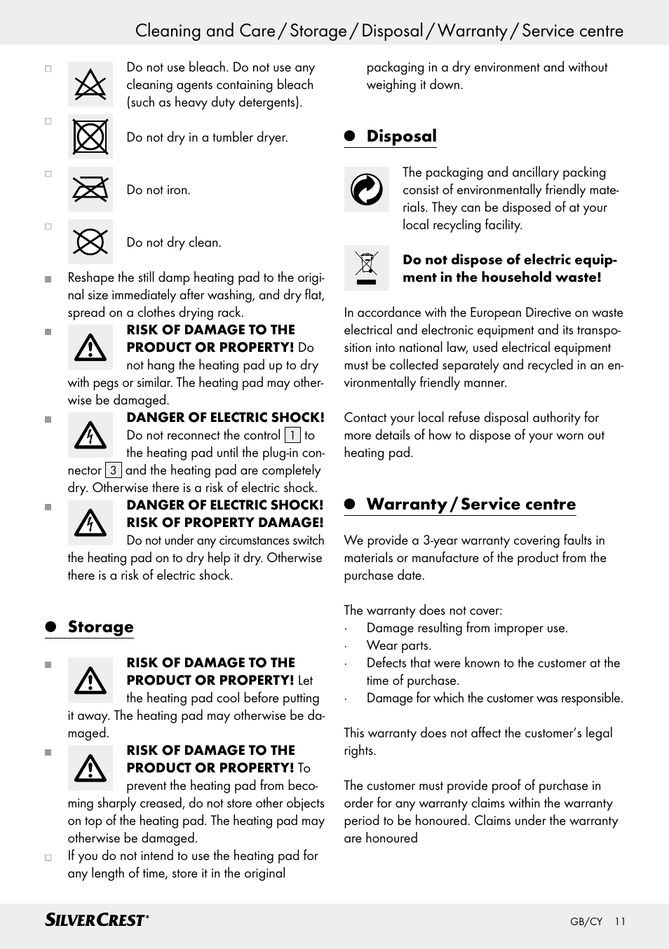 Storage, Disposal, Warranty / service centre | Silvercrest SHBR 100 B2 User Manual | Page 11 / 25