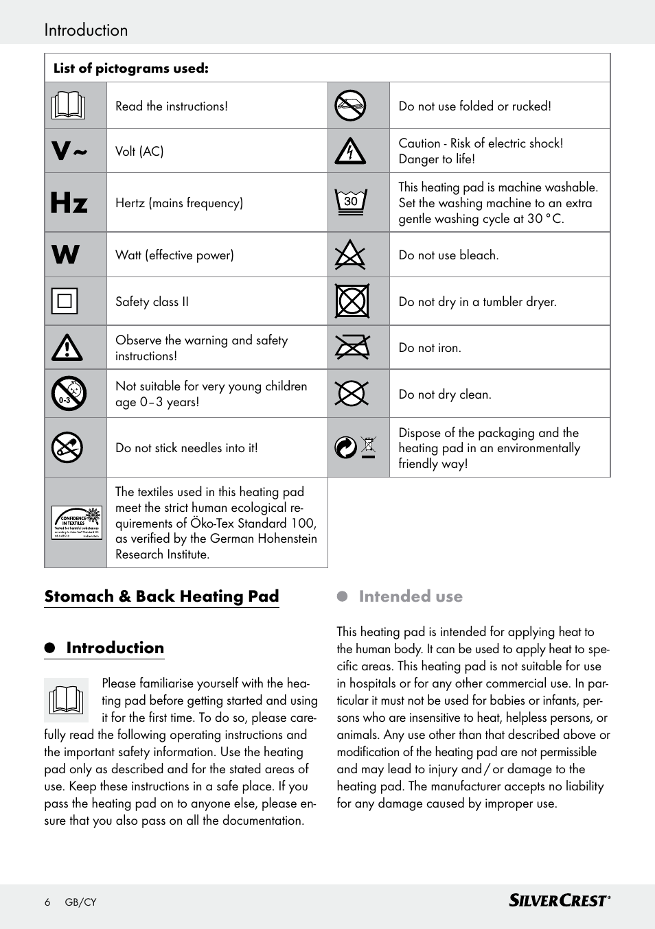 Stomach & back heating pad introduction, Intended use | Silvercrest SHBR 100 B2 User Manual | Page 6 / 25