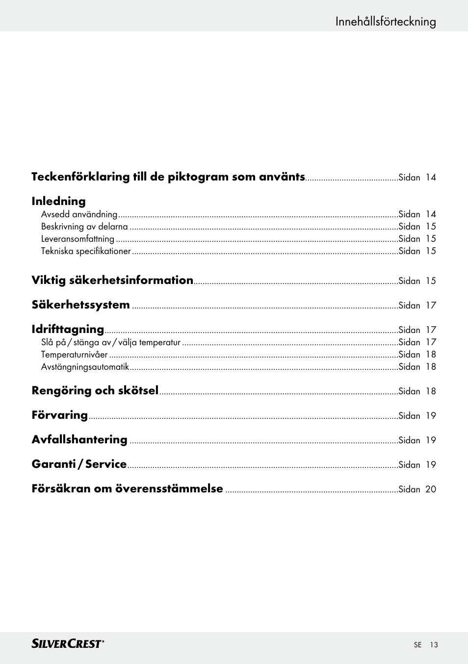 Innehållsförteckning | Silvercrest SHK 100 D3 User Manual | Page 13 / 54