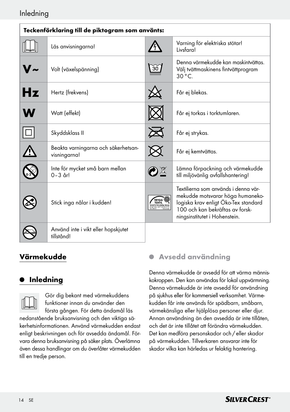 Inledning / viktig säkerhetsinformation inledning, Värmekudde inledning, Avsedd användning | Silvercrest SHK 100 D3 User Manual | Page 14 / 54