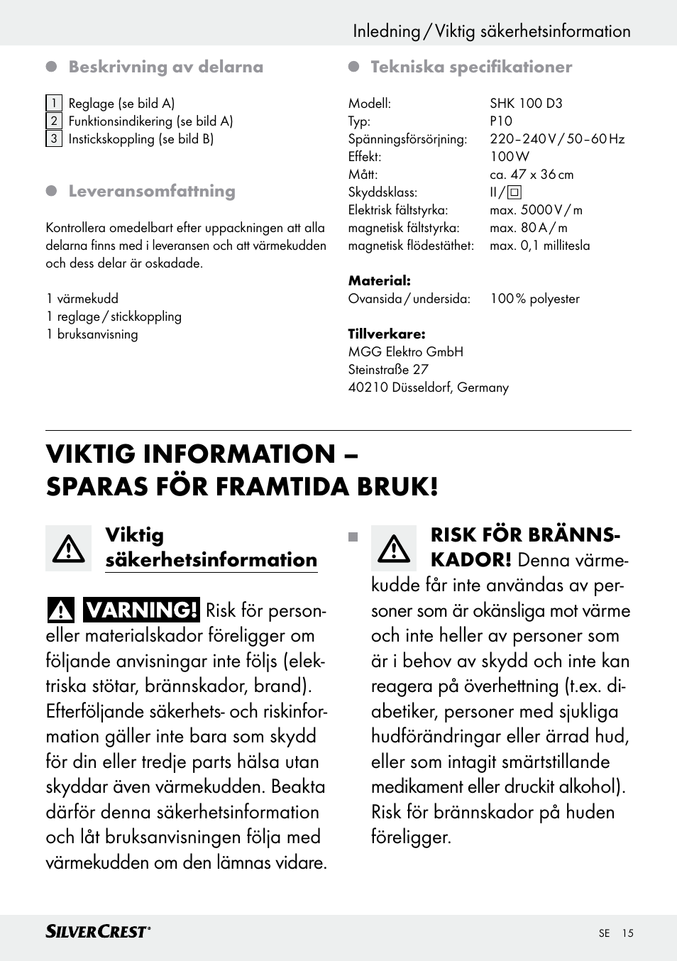 Viktig information – sparas för framtida bruk, Inledning / viktig säkerhetsinformation inledning | Silvercrest SHK 100 D3 User Manual | Page 15 / 54