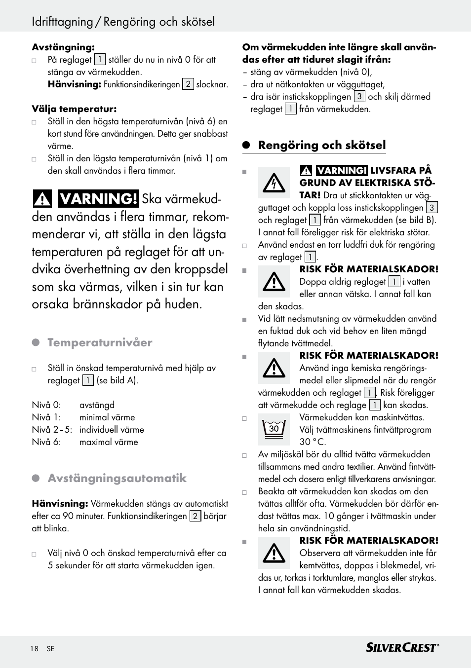 Temperaturnivåer, Avstängningsautomatik, Rengöring och skötsel | Silvercrest SHK 100 D3 User Manual | Page 18 / 54