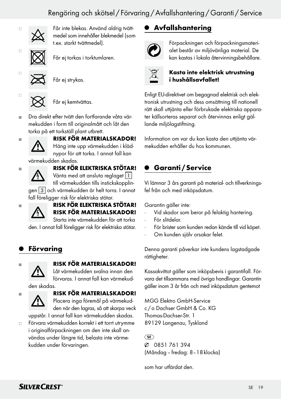 Förvaring, Avfallshantering, Garanti / service | Silvercrest SHK 100 D3 User Manual | Page 19 / 54