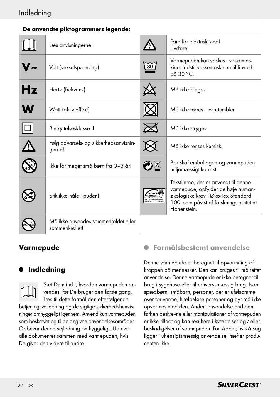 Varmepude indledning, Formålsbestemt anvendelse | Silvercrest SHK 100 D3 User Manual | Page 22 / 54