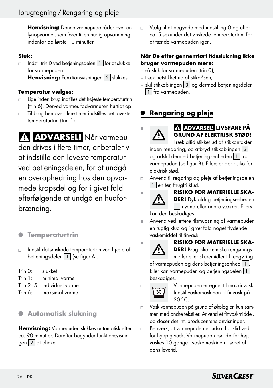 Temperaturtrin, Automatisk slukning, Rengøring og pleje | Silvercrest SHK 100 D3 User Manual | Page 26 / 54