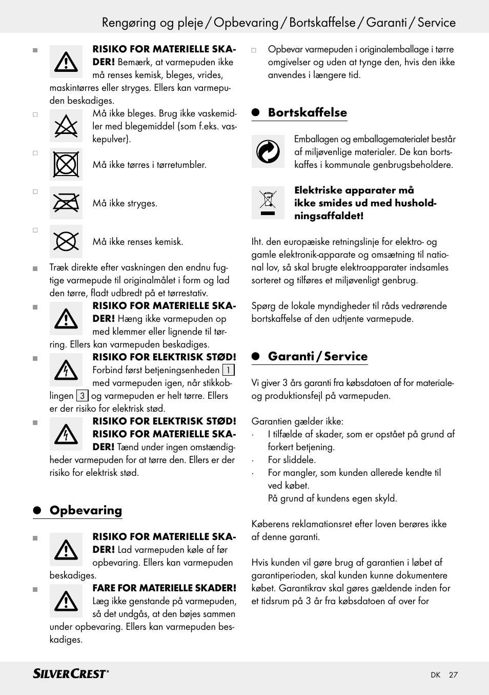 Opbevaring, Bortskaffelse, Garanti / service | Silvercrest SHK 100 D3 User Manual | Page 27 / 54