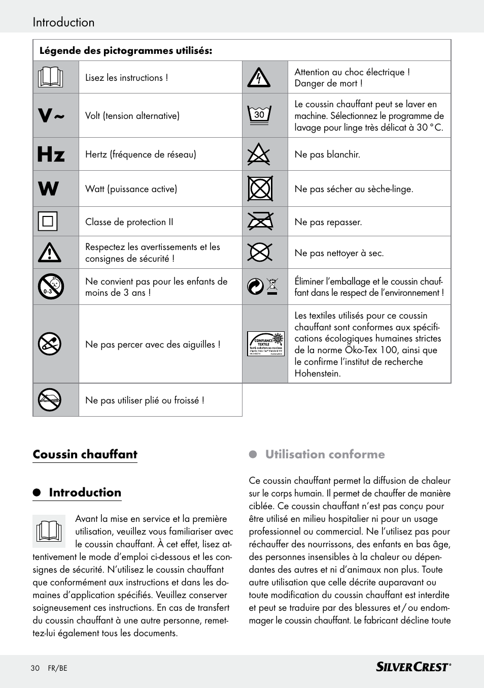 Coussin chauffant introduction, Utilisation conforme | Silvercrest SHK 100 D3 User Manual | Page 30 / 54