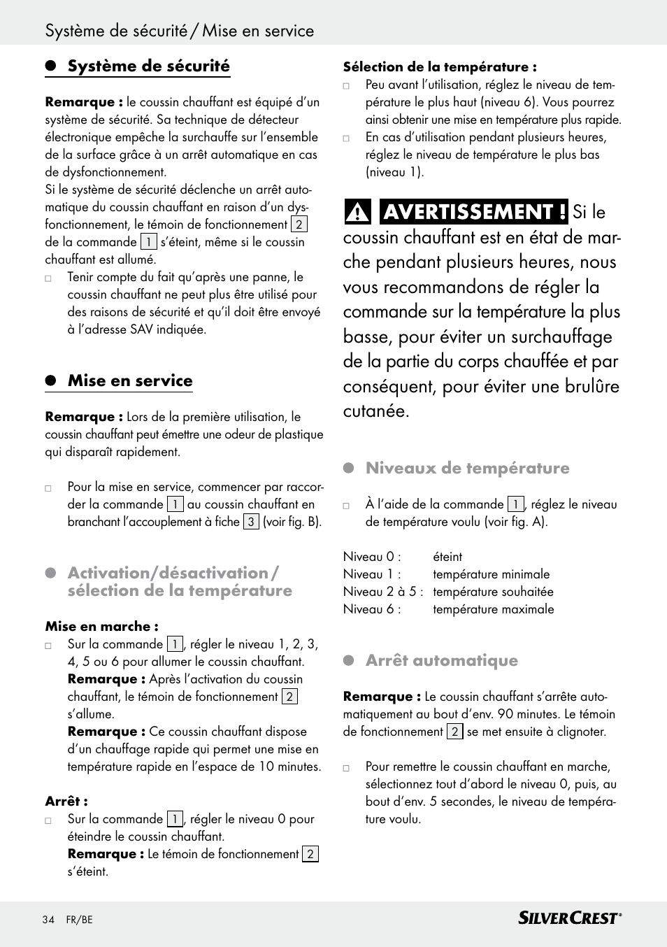 Système de sécurité, Mise en service, Niveaux de température | Arrêt automatique | Silvercrest SHK 100 D3 User Manual | Page 34 / 54