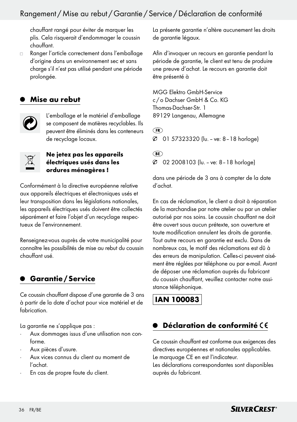 Mise au rebut, Garantie / service | Silvercrest SHK 100 D3 User Manual | Page 36 / 54