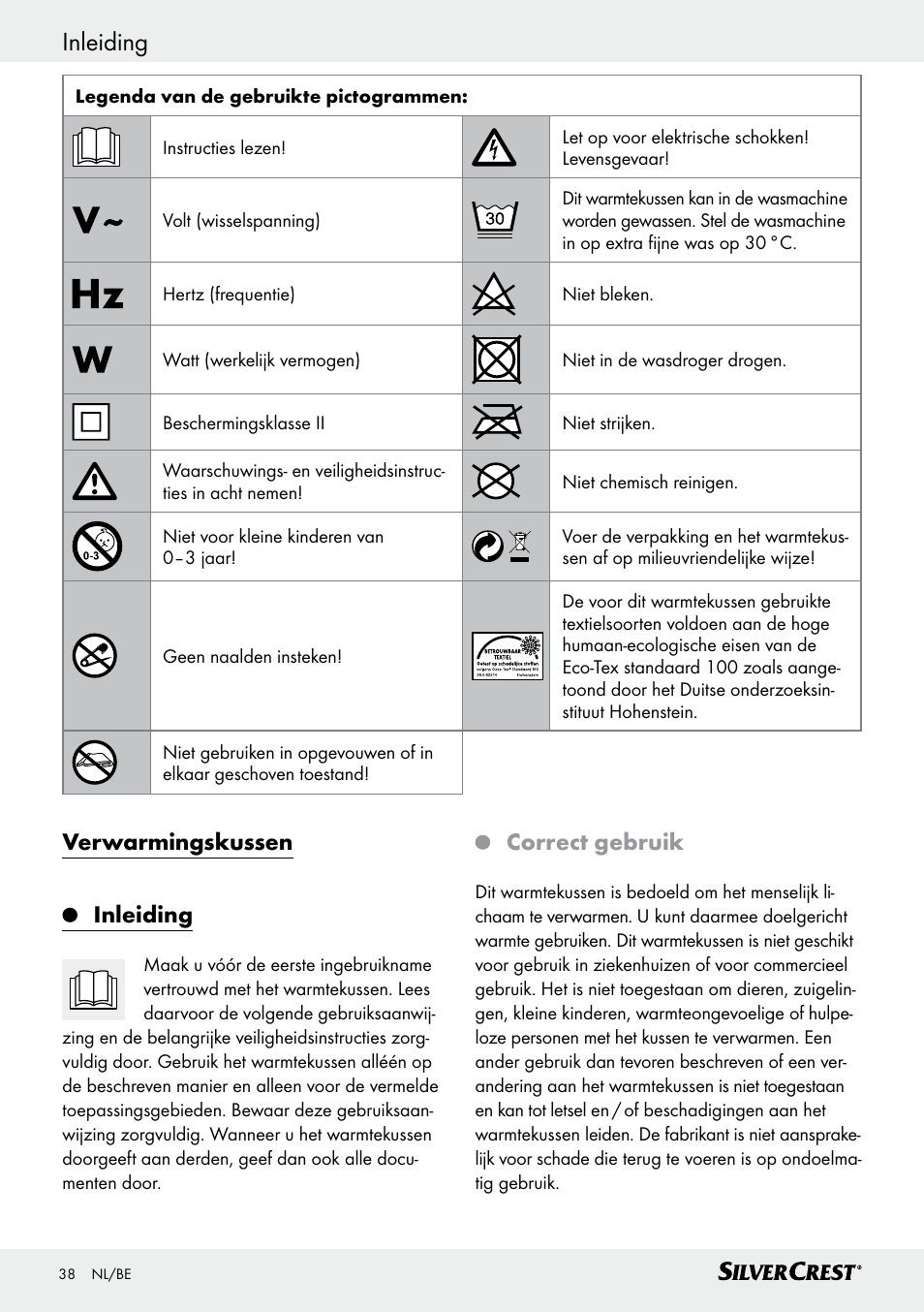 Verwarmingskussen inleiding, Correct gebruik | Silvercrest SHK 100 D3 User Manual | Page 38 / 54