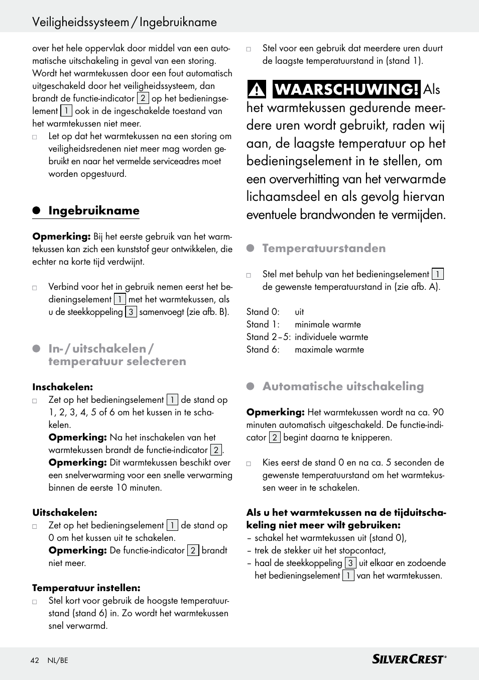 Ingebruikname, In- / uitschakelen / temperatuur selecteren, Temperatuurstanden | Automatische uitschakeling | Silvercrest SHK 100 D3 User Manual | Page 42 / 54