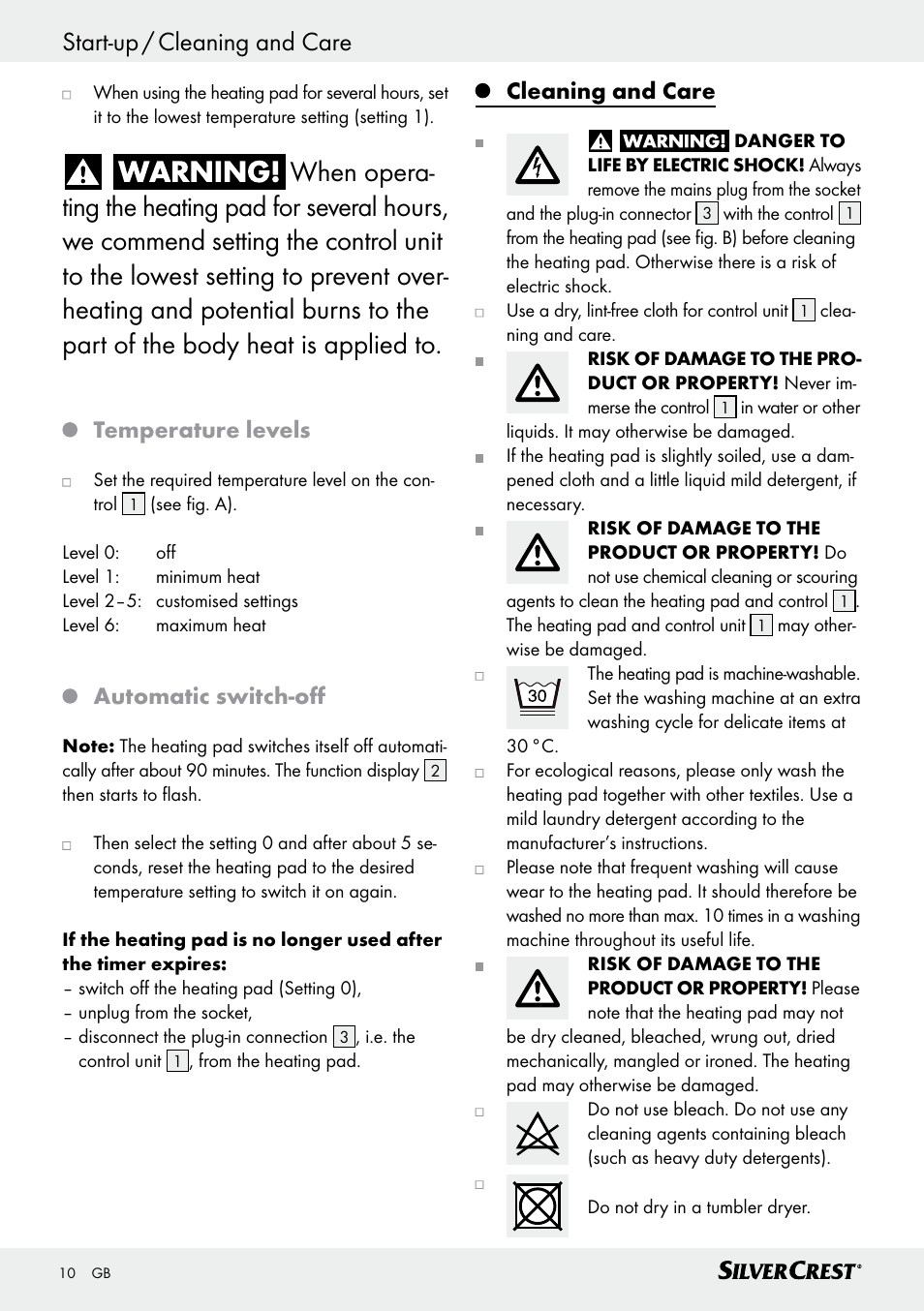 Temperature levels, Automatic switch-off, Cleaning and care | Silvercrest SHK 100 D3 User Manual | Page 10 / 54