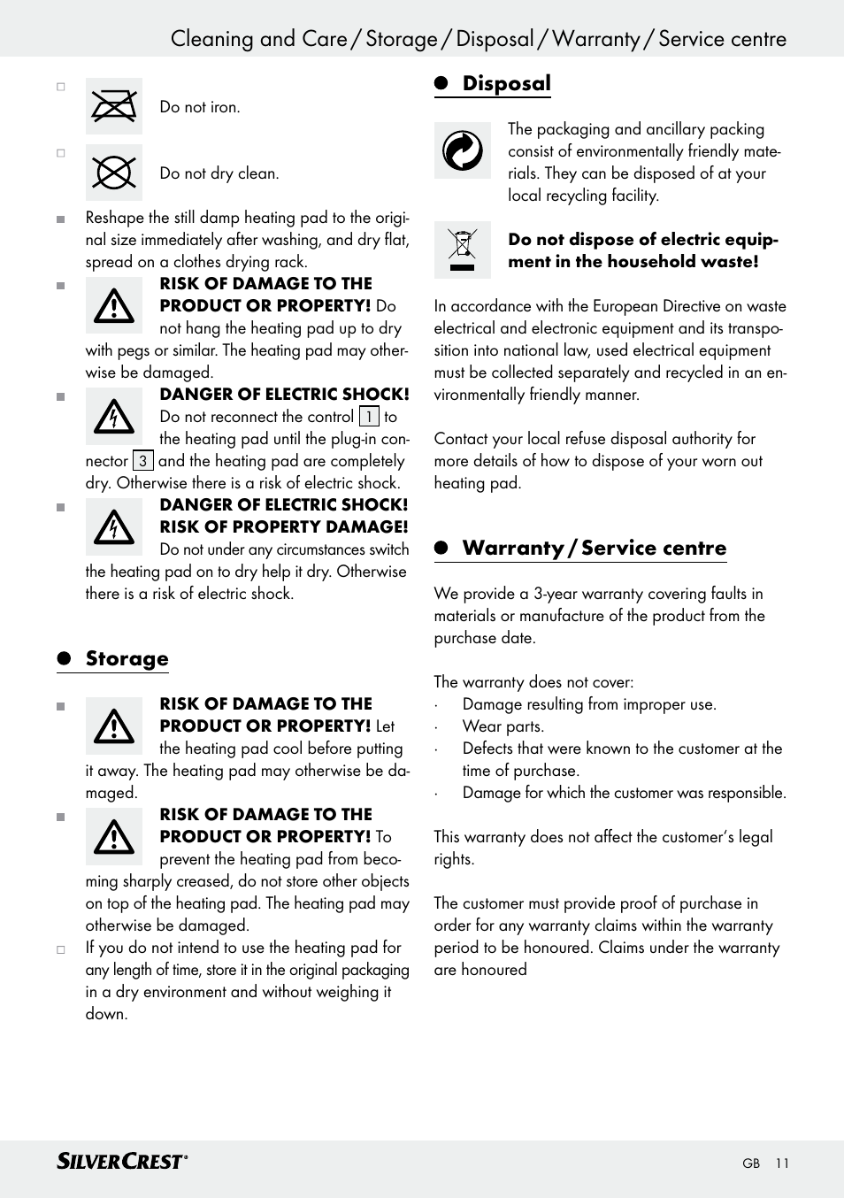 Start-up / cleaning and care, Storage, Disposal | Warranty / service centre | Silvercrest SHK 100 D3 User Manual | Page 11 / 54