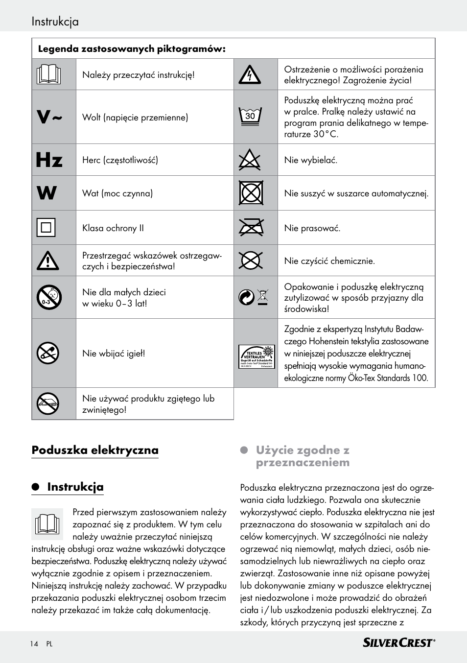 Poduszka elektryczna instrukcja, Użycie zgodne z przeznaczeniem | Silvercrest SHK 100 D3 User Manual | Page 14 / 54