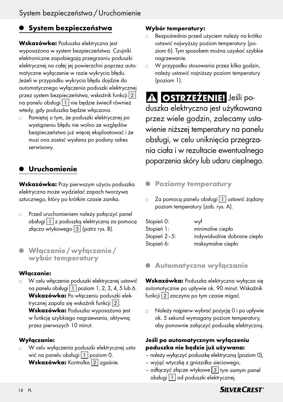 System bezpieczeństwa, Uruchomienie, Włączanie / wyłączanie / wybór temperatury | Poziomy temperatury, Automatyczne wyłączanie | Silvercrest SHK 100 D3 User Manual | Page 18 / 54