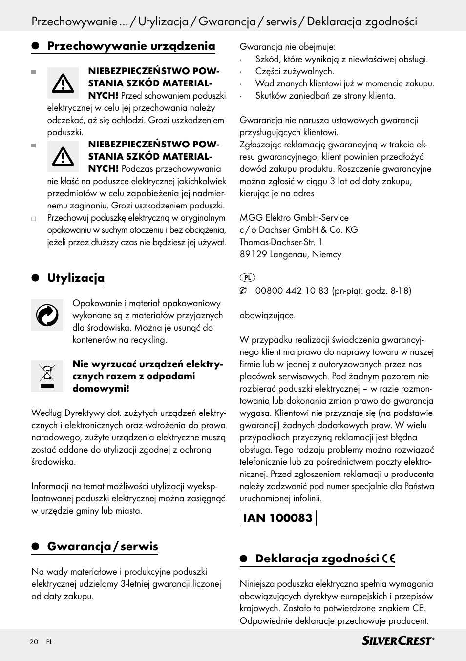 Tartalomjegyzék, Przechowywanie urządzenia, Utylizacja | Gwarancja / serwis | Silvercrest SHK 100 D3 User Manual | Page 20 / 54