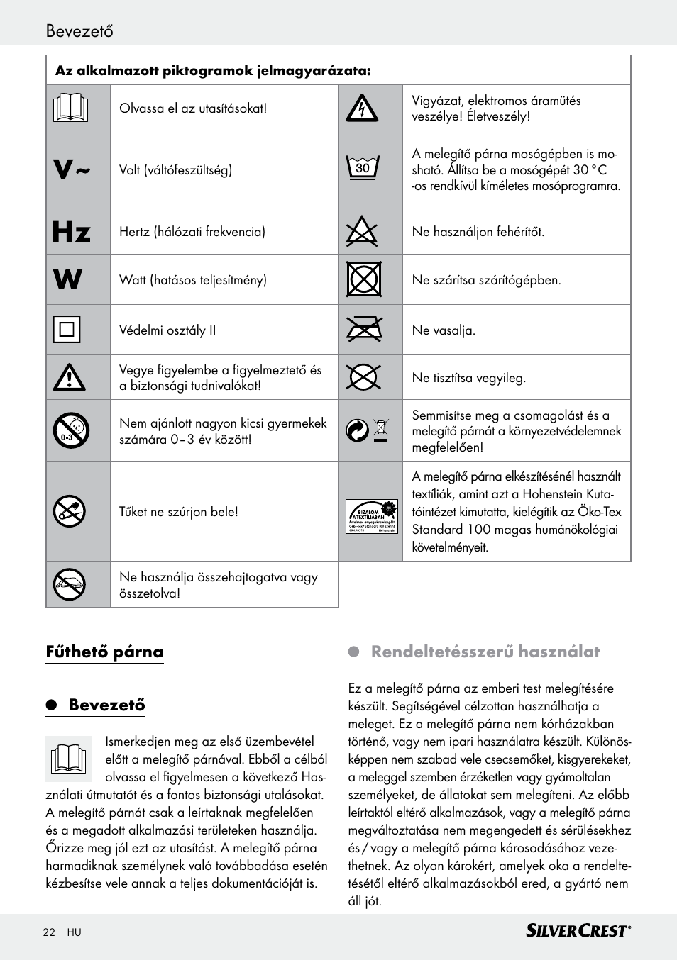 Bevezető / fontos biztonsági tudnivalók bevezető, Fűthető párna bevezető, Rendeltetésszerű használat | Silvercrest SHK 100 D3 User Manual | Page 22 / 54