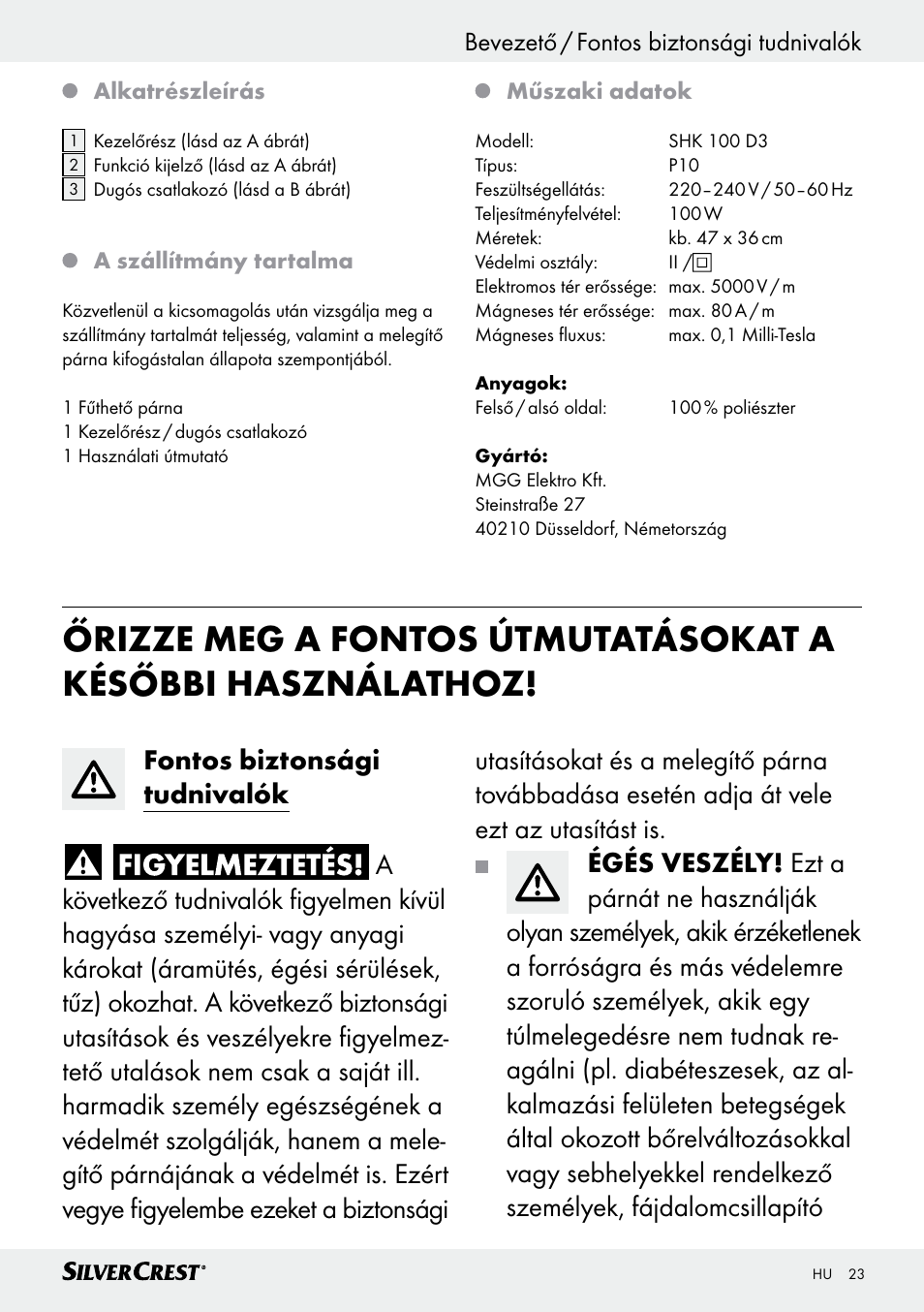 Bevezető / fontos biztonsági tudnivalók bevezető | Silvercrest SHK 100 D3 User Manual | Page 23 / 54