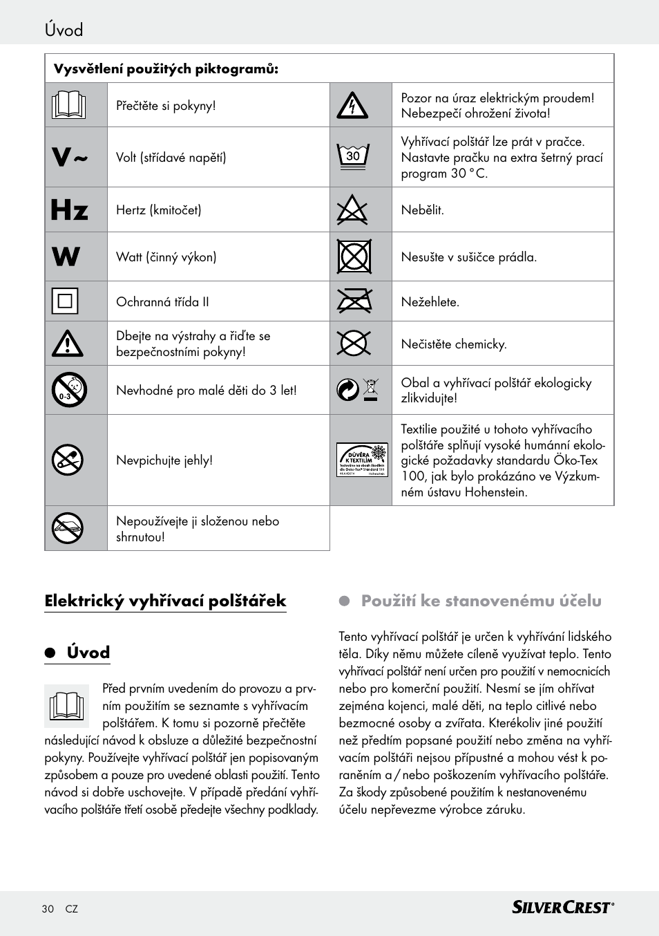 Úvod / důležitá bezpečnostní upozornění úvod, Elektrický vyhřívací polštářek úvod, Použití ke stanovenému účelu | Silvercrest SHK 100 D3 User Manual | Page 30 / 54