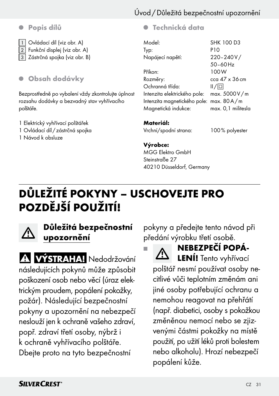 Důležité pokyny – uschovejte pro pozdější použití, Úvod / důležitá bezpečnostní upozornění úvod | Silvercrest SHK 100 D3 User Manual | Page 31 / 54