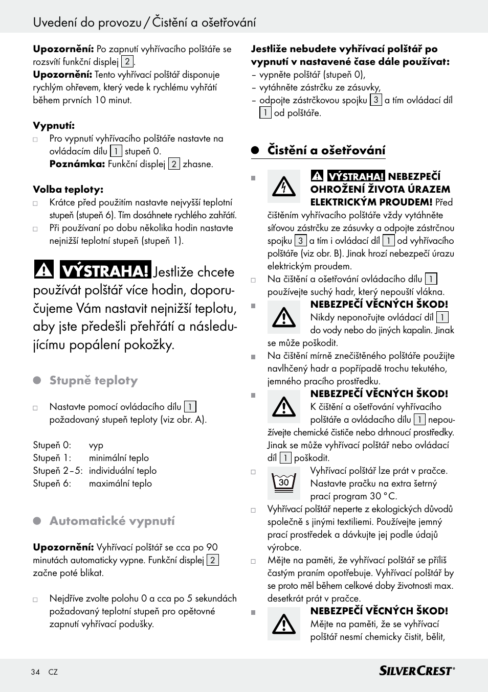 Stupně teploty, Automatické vypnutí, Čistění a ošetřování | Silvercrest SHK 100 D3 User Manual | Page 34 / 54