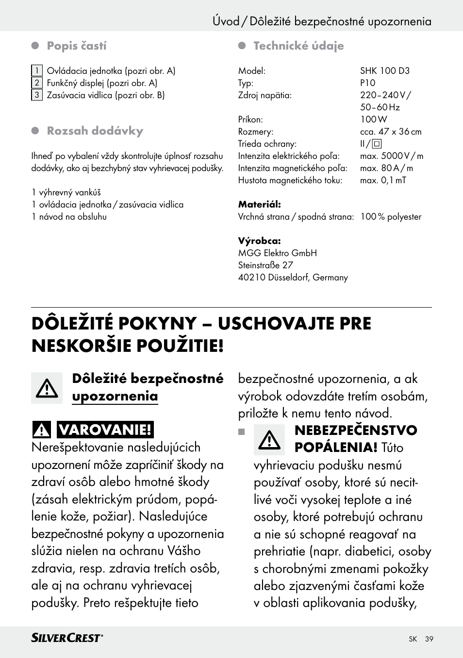 Úvod / dôležité bezpečnostné upozornenia | Silvercrest SHK 100 D3 User Manual | Page 39 / 54