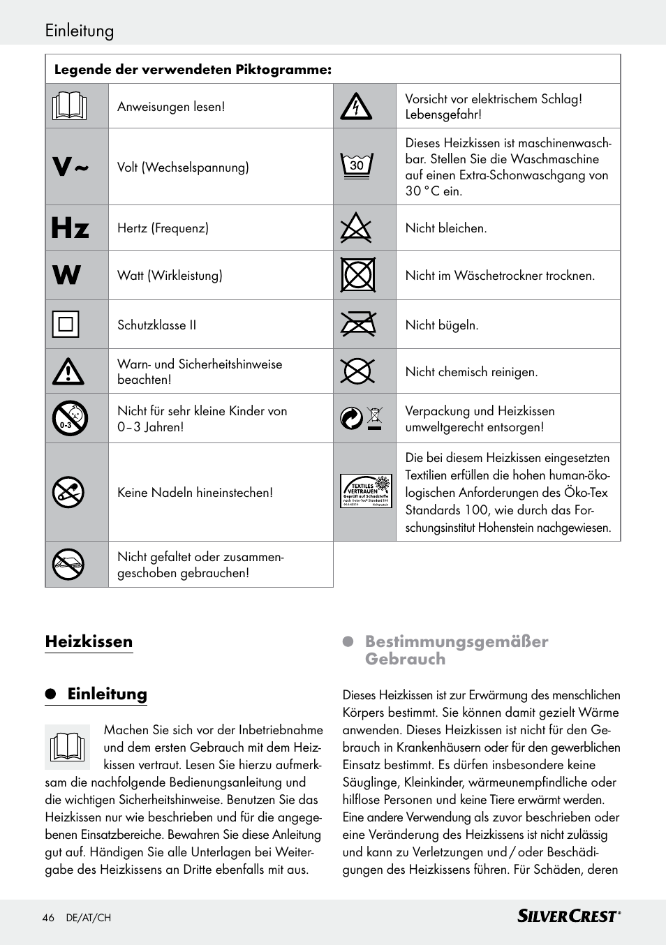 Heizkissen einleitung, Bestimmungsgemäßer gebrauch | Silvercrest SHK 100 D3 User Manual | Page 46 / 54