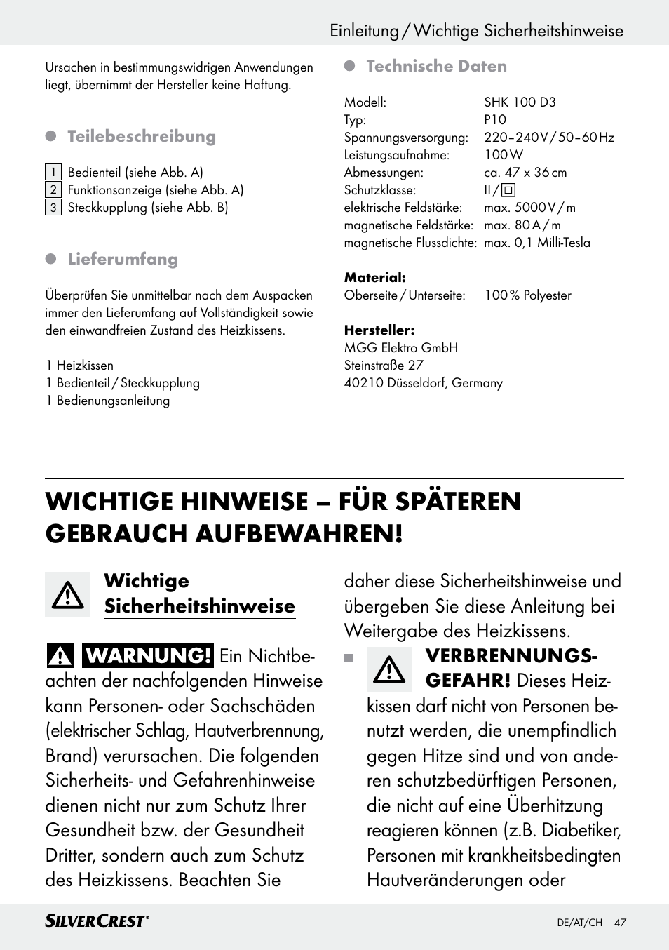 Einleitung / wichtige sicherheitshinweise, Einleitung | Silvercrest SHK 100 D3 User Manual | Page 47 / 54