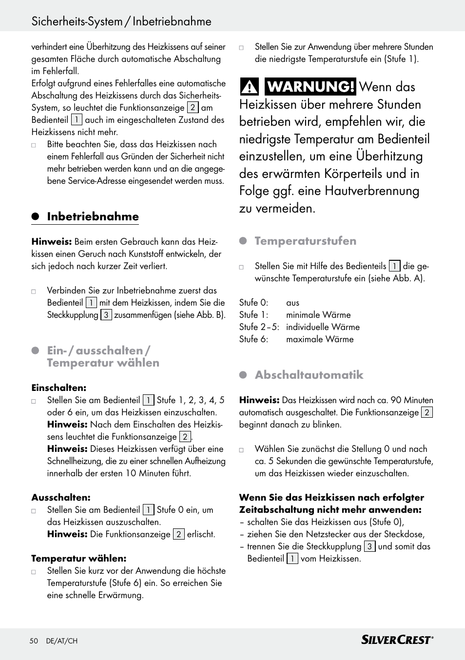 Inbetriebnahme, Ein- / ausschalten / temperatur wählen, Temperaturstufen | Abschaltautomatik | Silvercrest SHK 100 D3 User Manual | Page 50 / 54