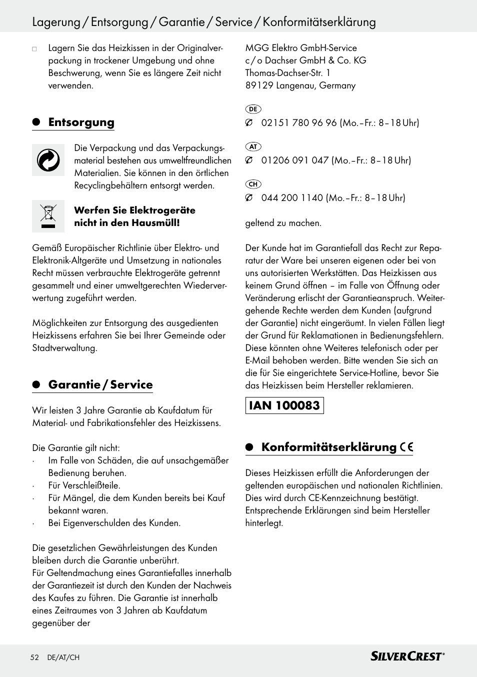 Entsorgung, Garantie / service | Silvercrest SHK 100 D3 User Manual | Page 52 / 54