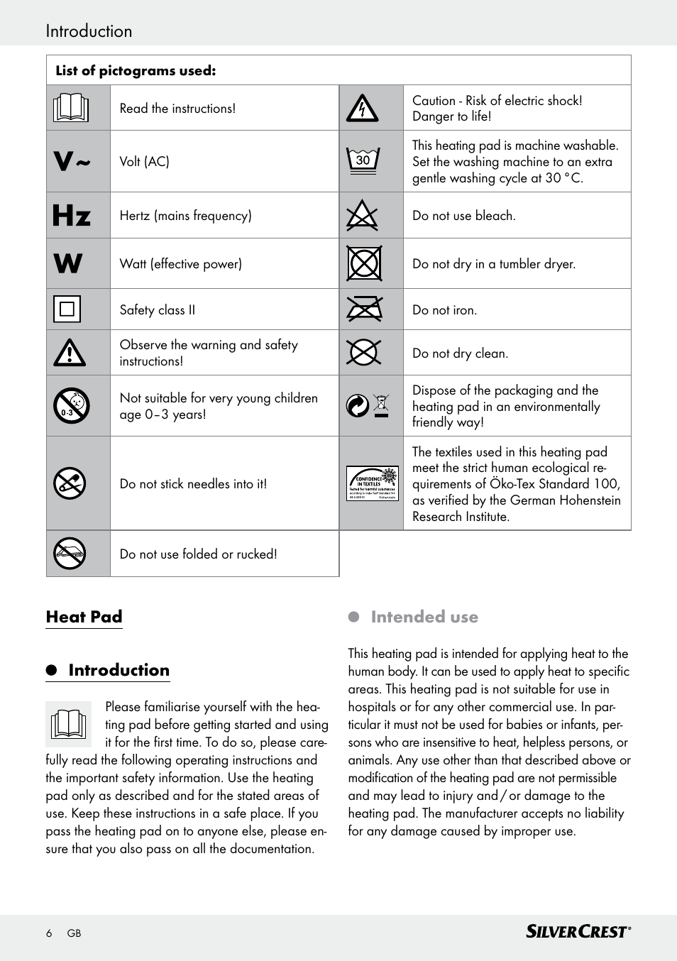 Heat pad introduction, Intended use | Silvercrest SHK 100 D3 User Manual | Page 6 / 54