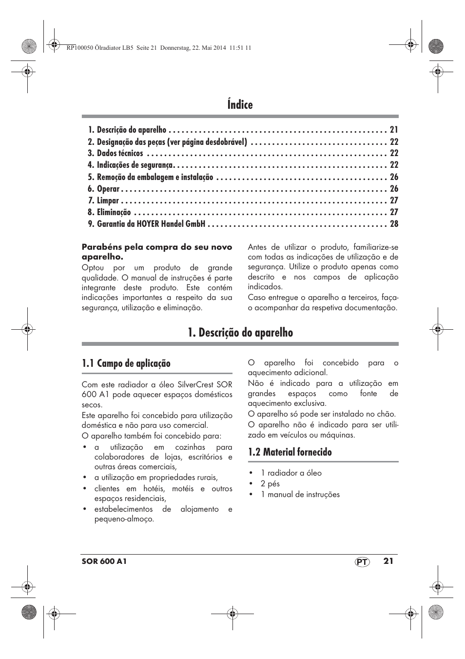 Índice, Descrição do aparelho, 1 campo de aplicação | 2 material fornecido | Silvercrest SOR 600 A1 User Manual | Page 23 / 50