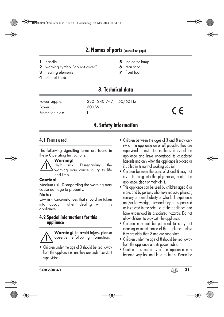 Names of parts, Technical data, Safety information | Silvercrest SOR 600 A1 User Manual | Page 33 / 50