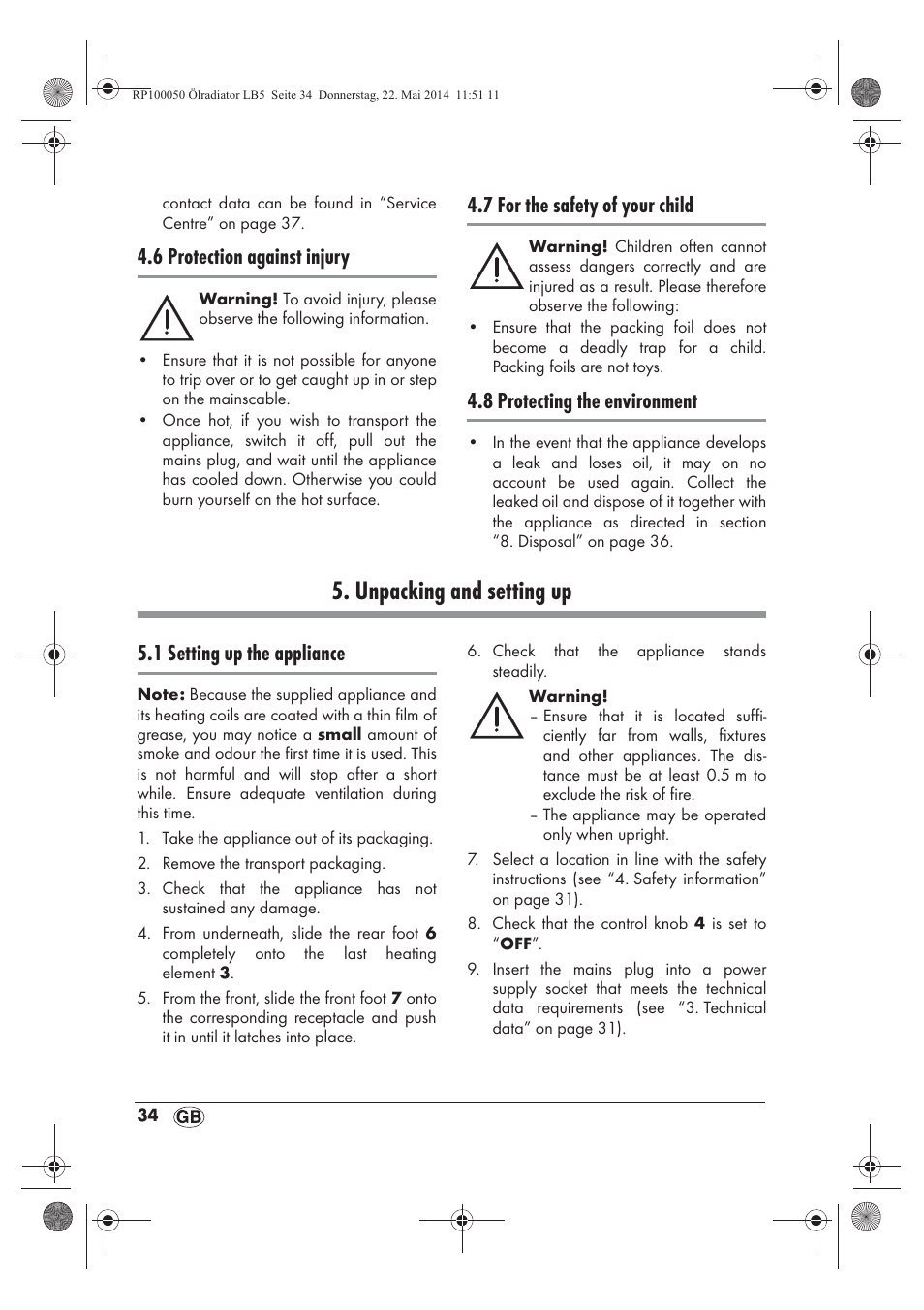 Unpacking and setting up, 6 protection against injury, 7 for the safety of your child | 8 protecting the environment, 1 setting up the appliance | Silvercrest SOR 600 A1 User Manual | Page 36 / 50